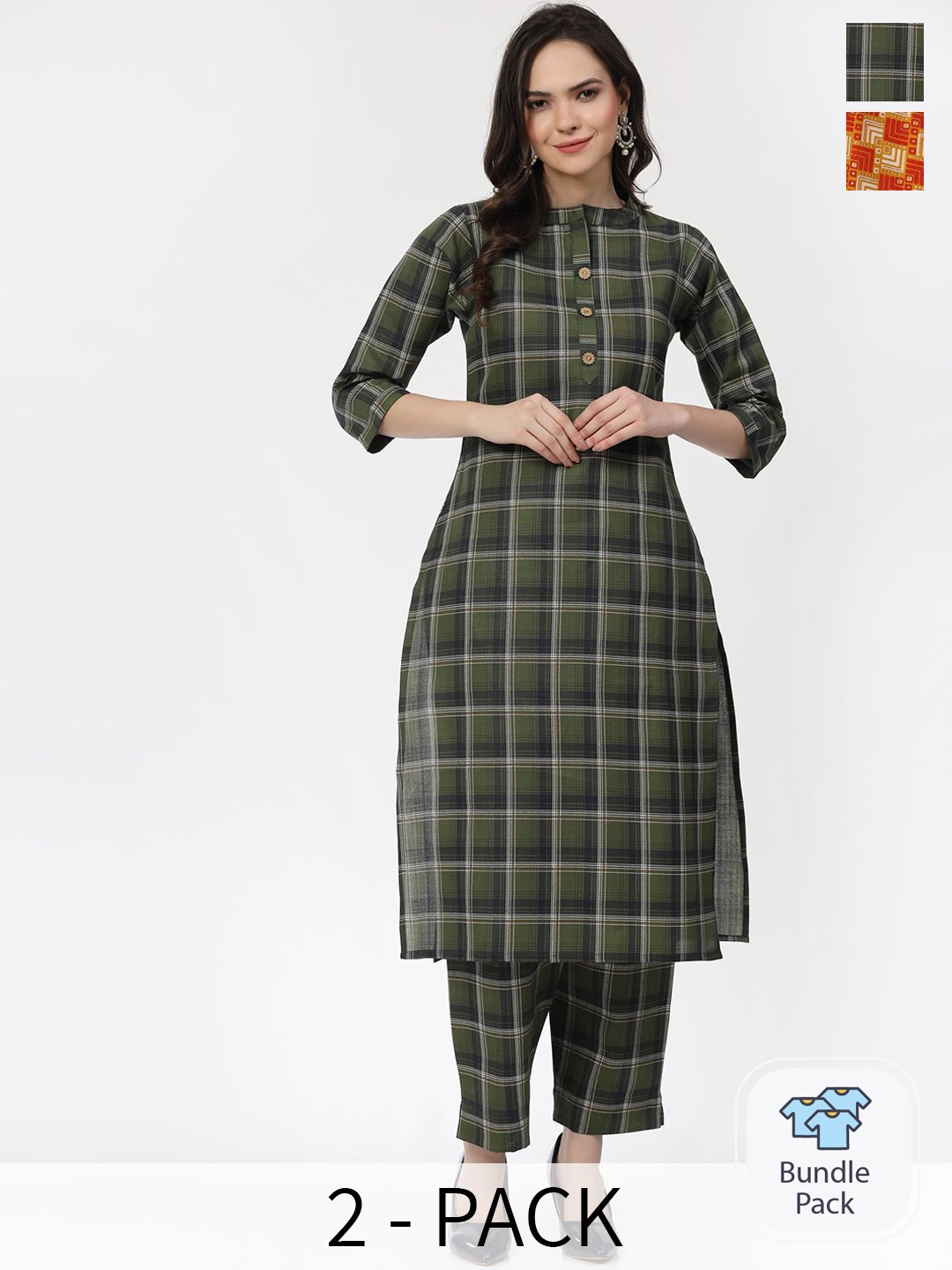 

KALINI Pack Of 2 Geometric Printed Regular Pure Cotton Kurta With Trousers, Olive