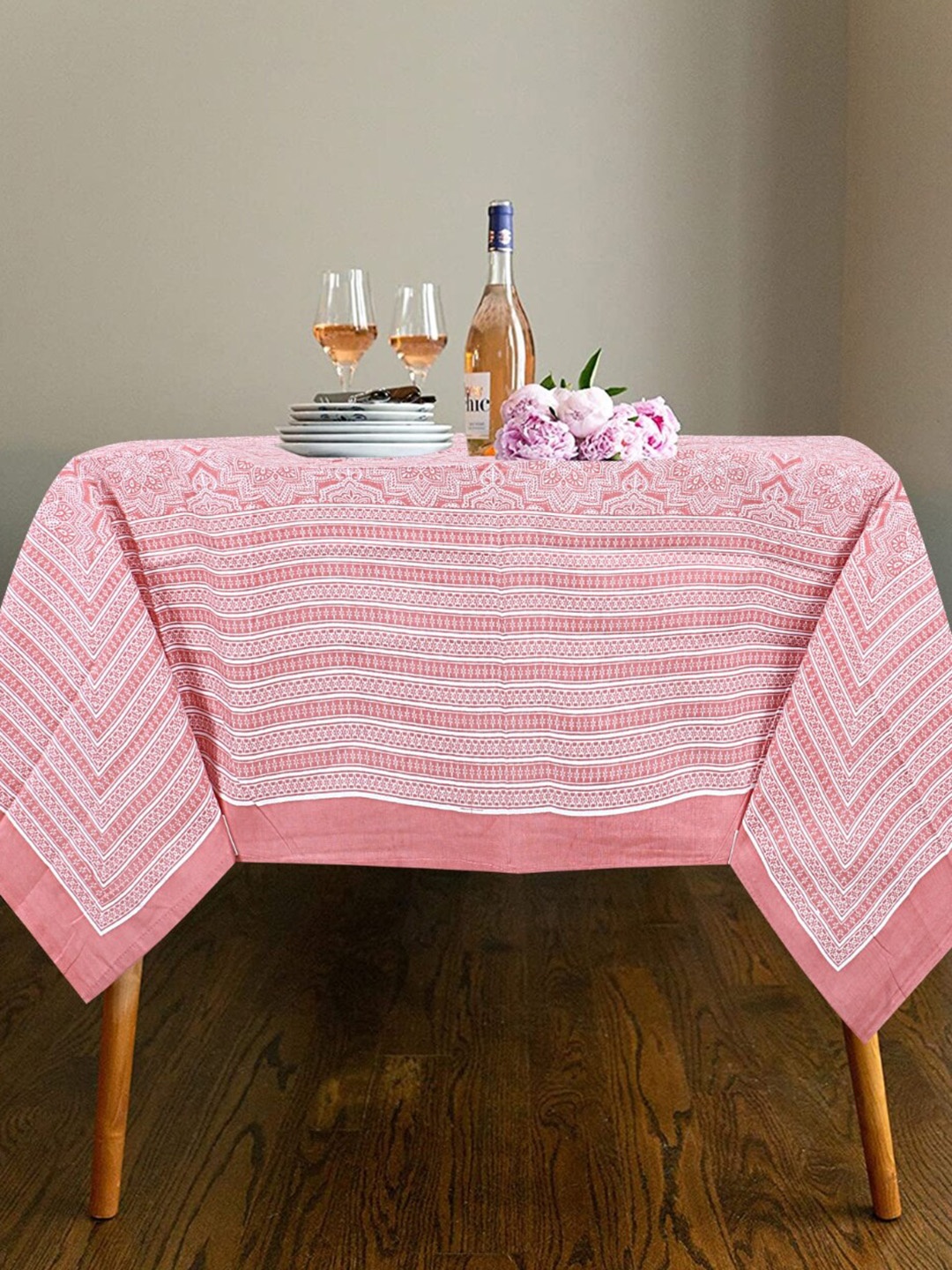 

INDHOME LIFE Pink & White Printed Pure Cotton 6-Seater Table Cover