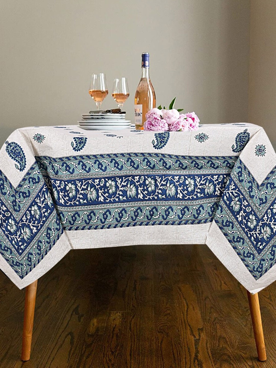 

INDHOME LIFE White & Blue Printed Pure Cotton 6-Seater Table Cover