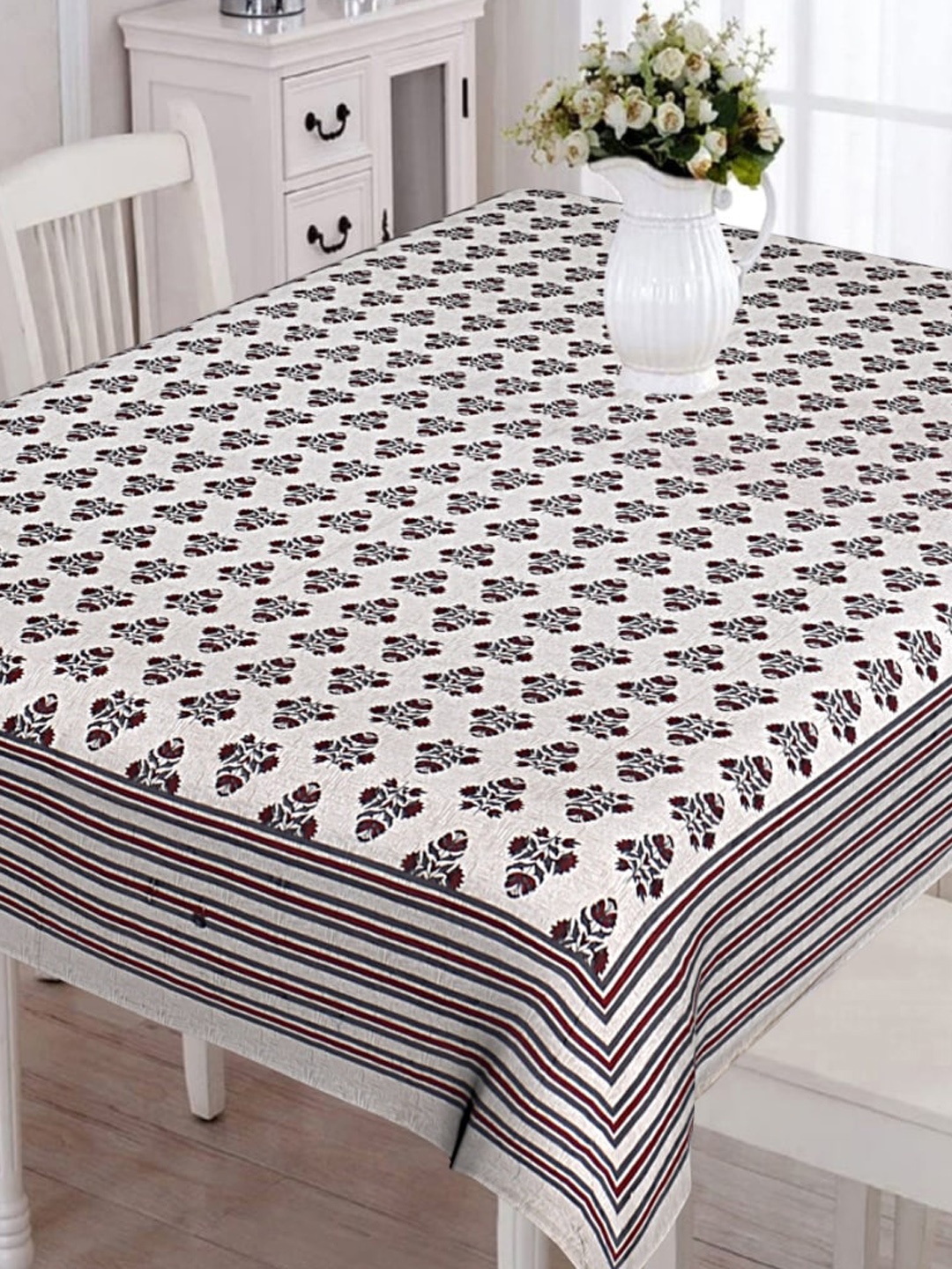 

INDHOME LIFE White & Grey Printed Pure Cotton 6-Seater Table Cover