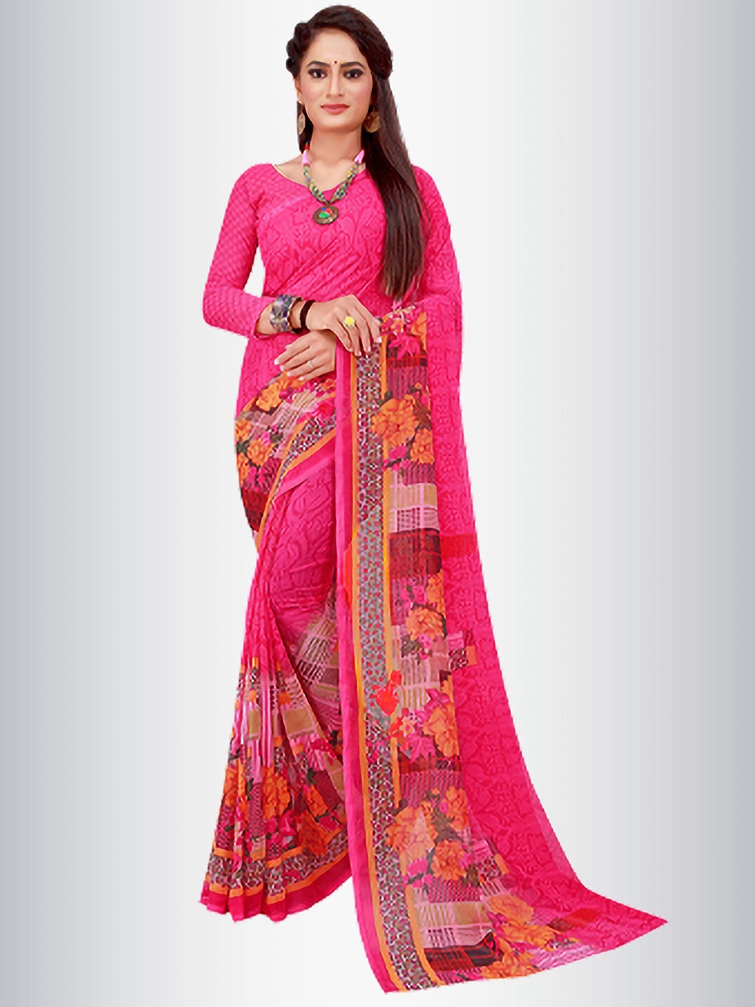

N N ENTERPRISE Floral Printed Pure Georgette Saree, Pink