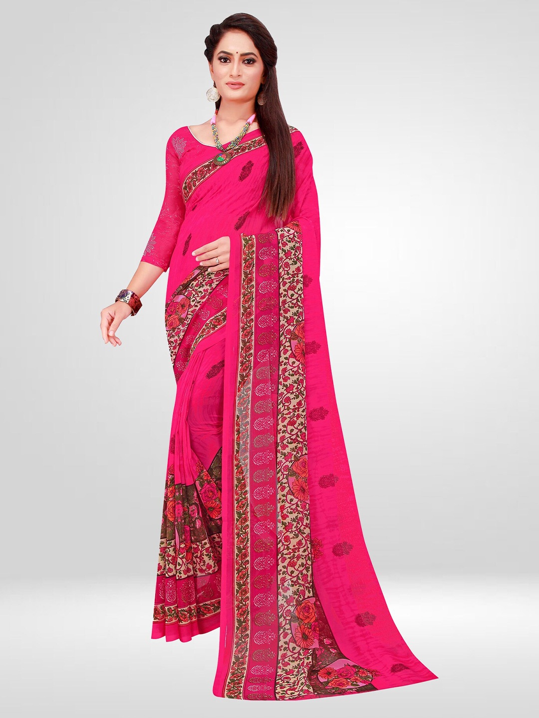 

N N ENTERPRISE Floral Printed Pure Georgette Saree, Pink