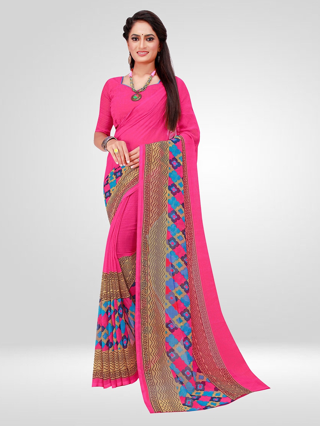 

N N ENTERPRISE Floral Printed Georgette Ikat Saree, Pink