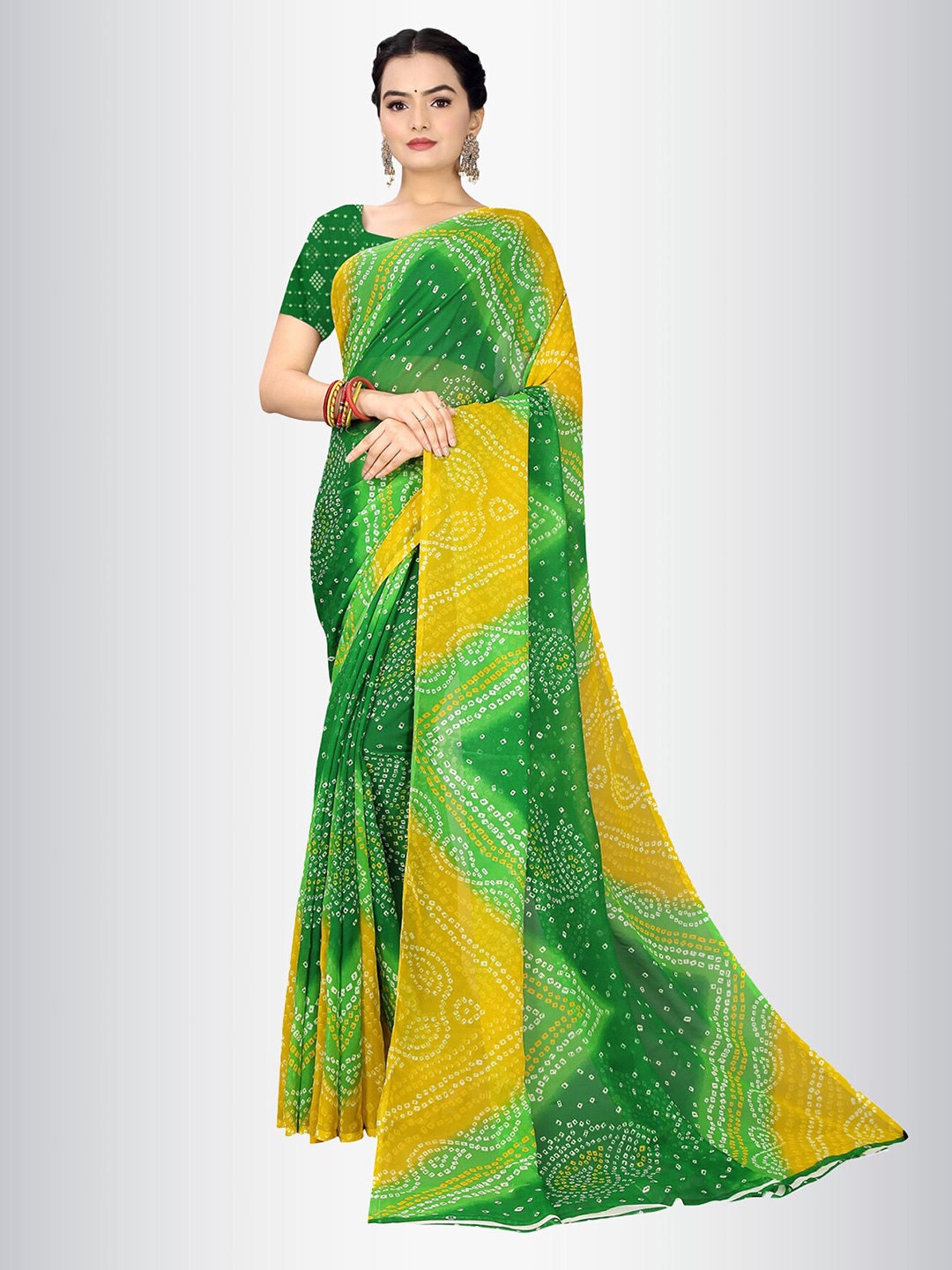 

N N ENTERPRISE Bandhani Printed Ikat Saree, Green