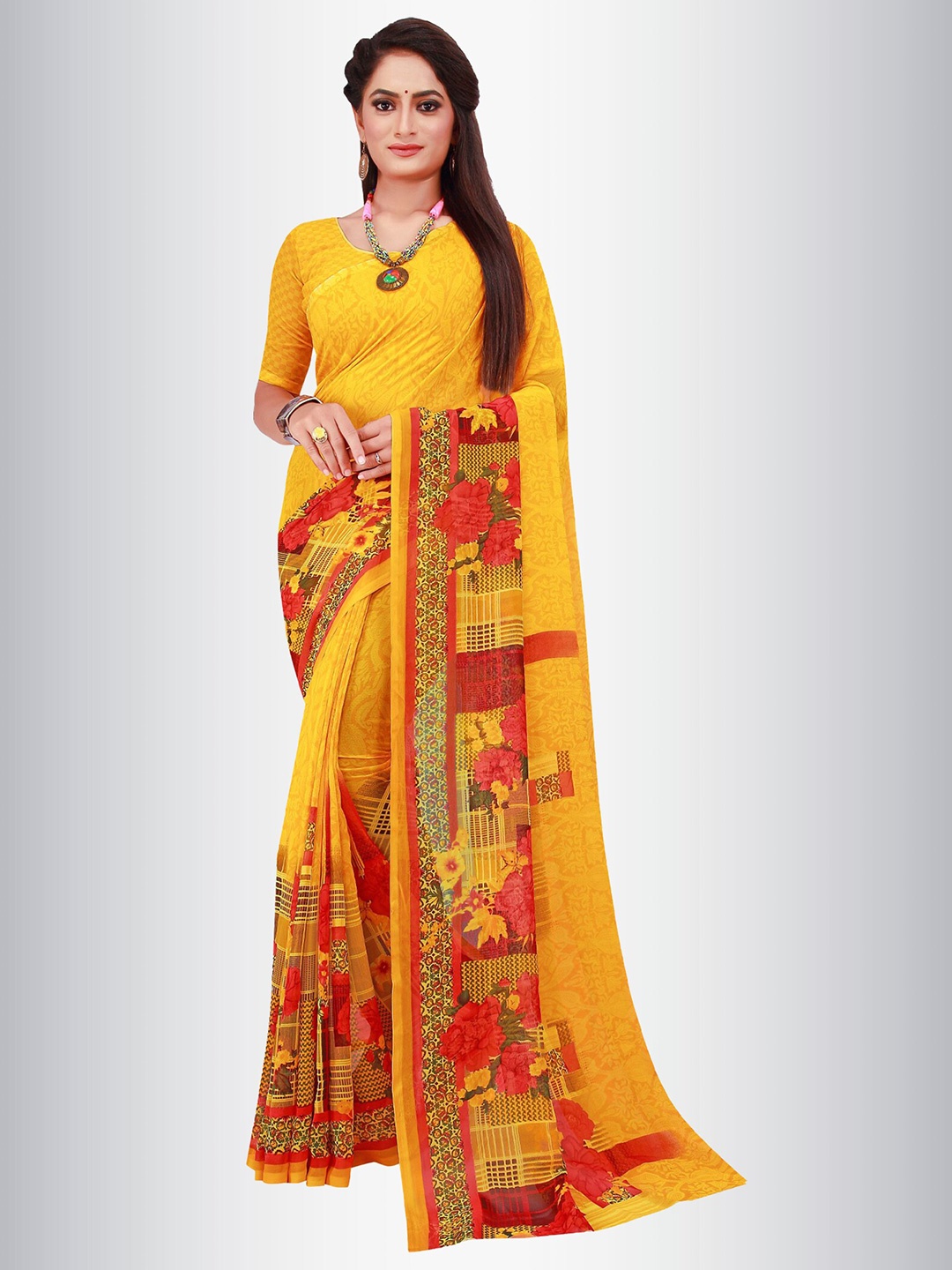 

N N ENTERPRISE Floral Printed Pure Georgette Saree, Yellow