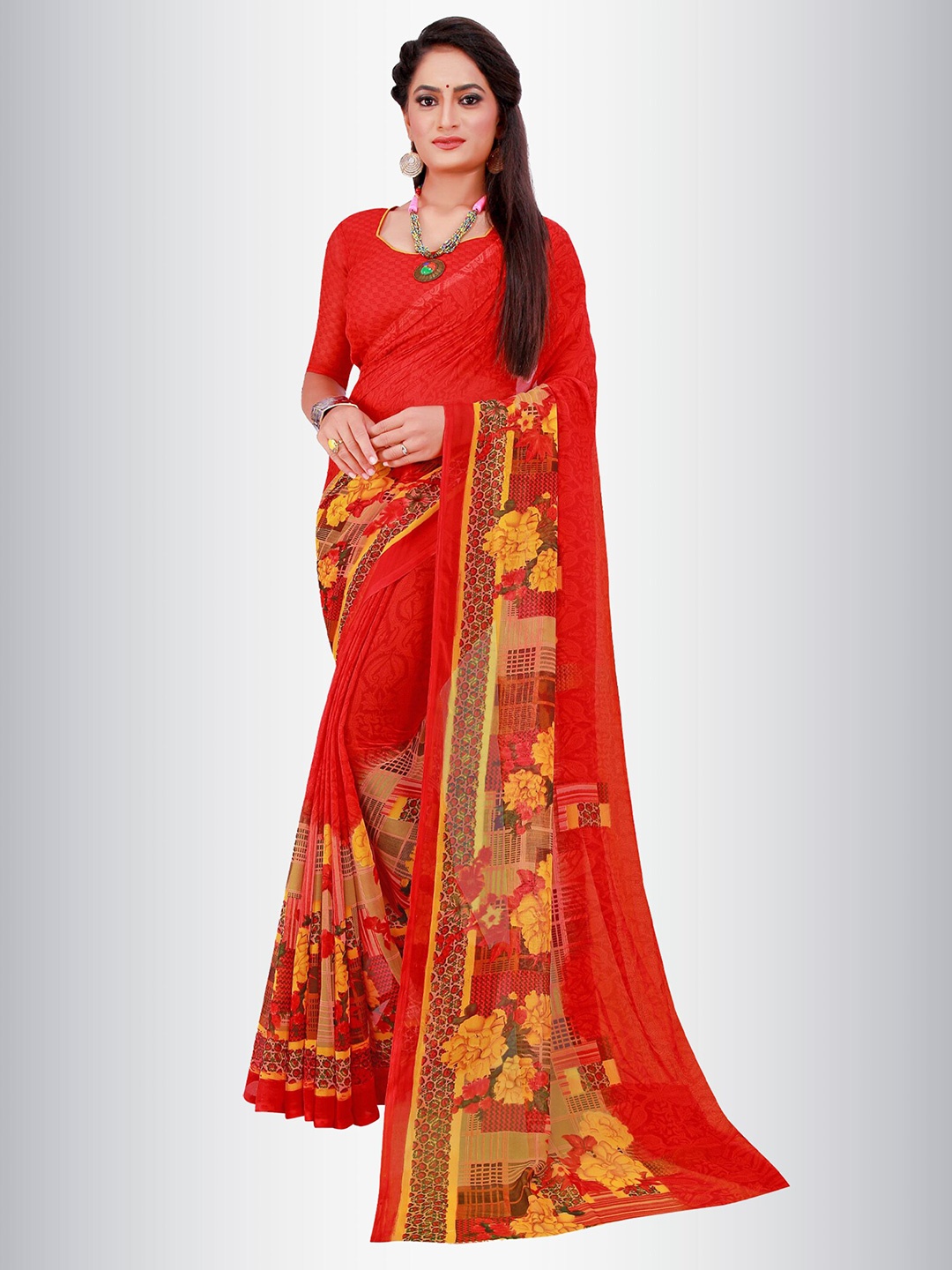 

N N ENTERPRISE Floral Printed Pure Georgette Saree, Red