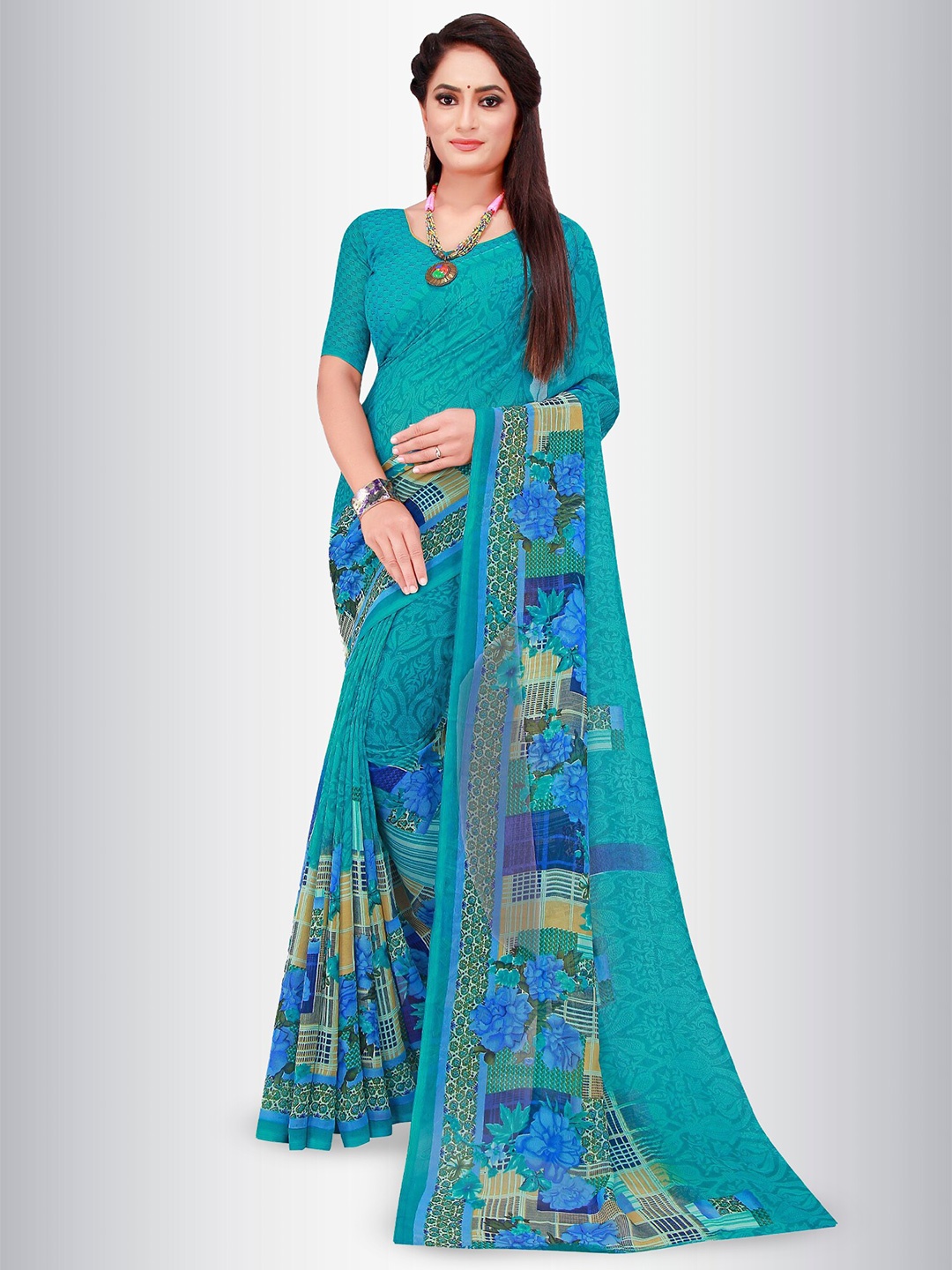 

N N ENTERPRISE Floral Printed Ikat Saree, Turquoise blue