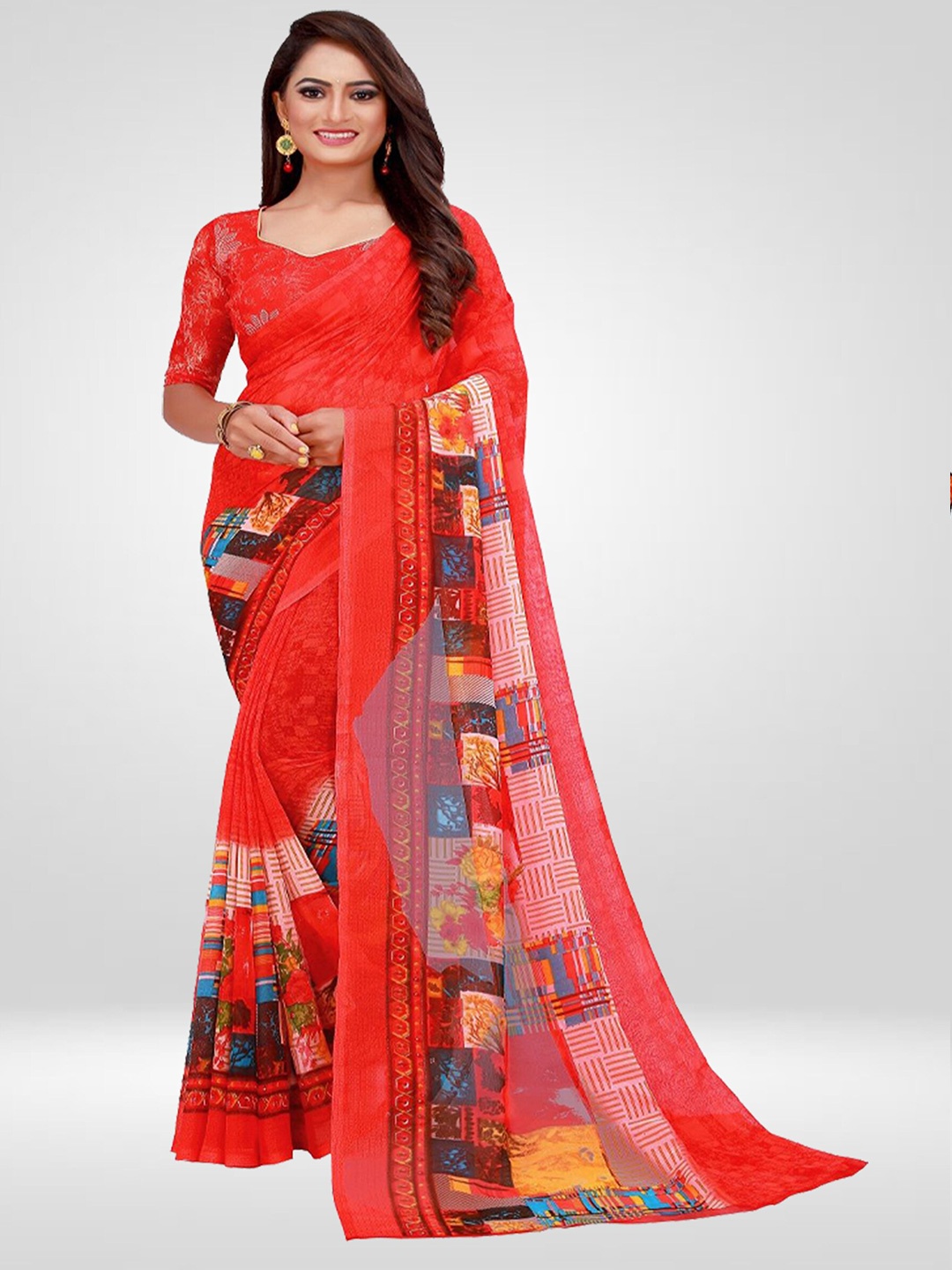 

N N ENTERPRISE Floral Printed Ikat Saree, Red