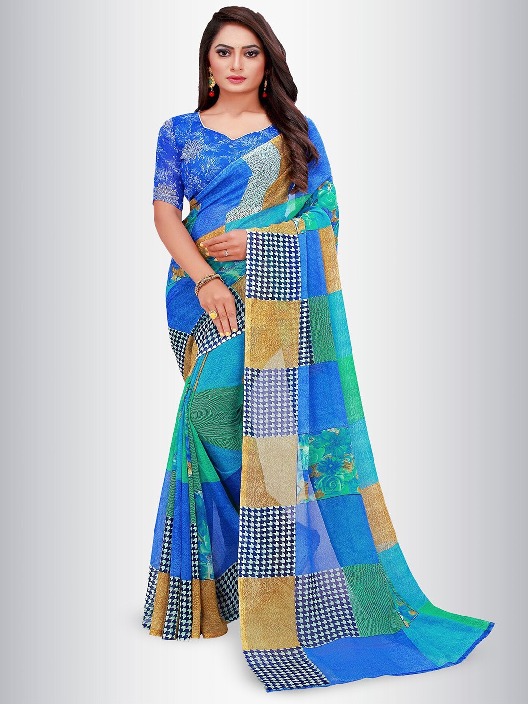 

N N ENTERPRISE Geometric Printed Ikat Saree, Blue