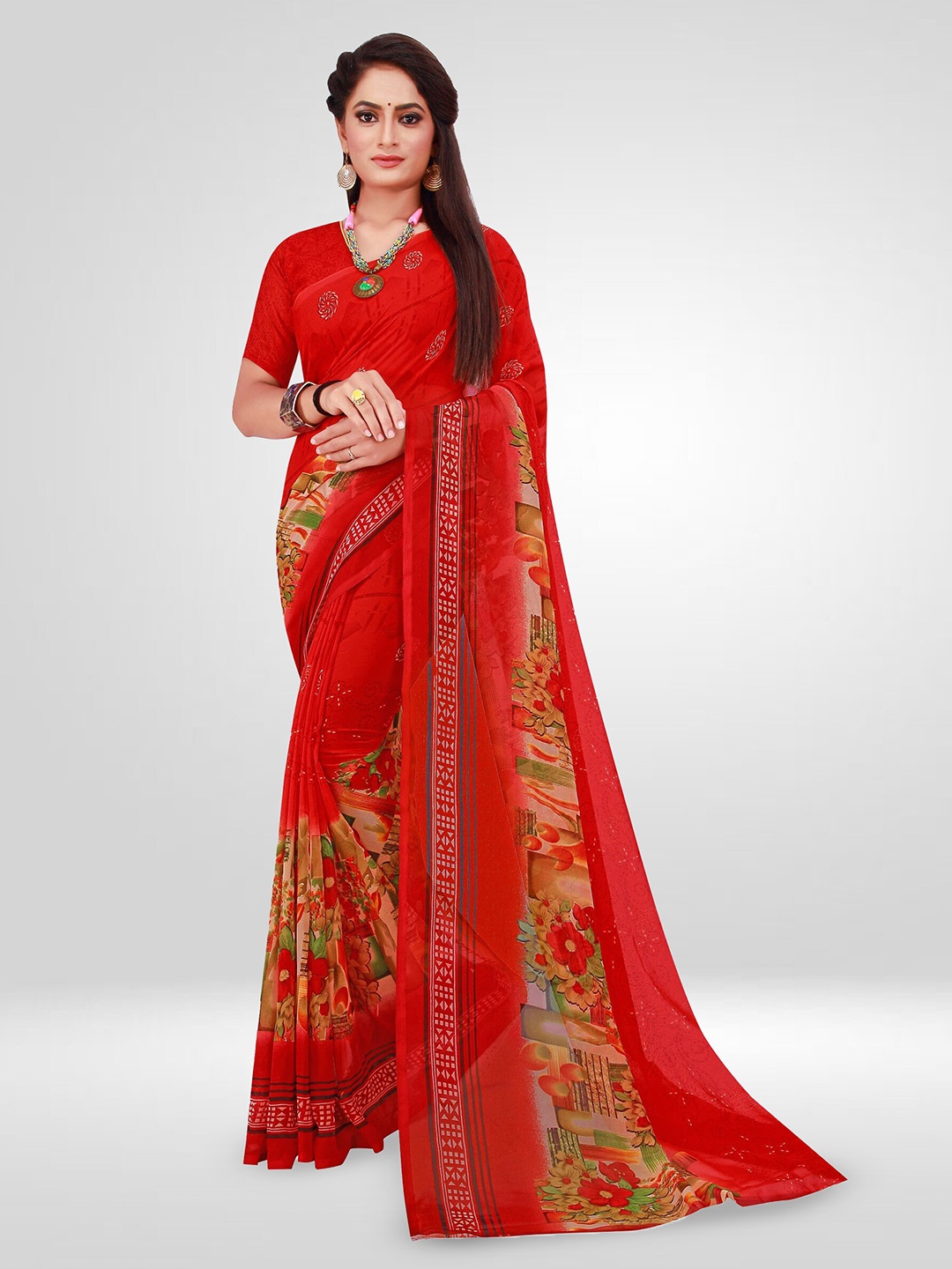 

N N ENTERPRISE Ethnic Motifs Printed Ikat Saree, Red