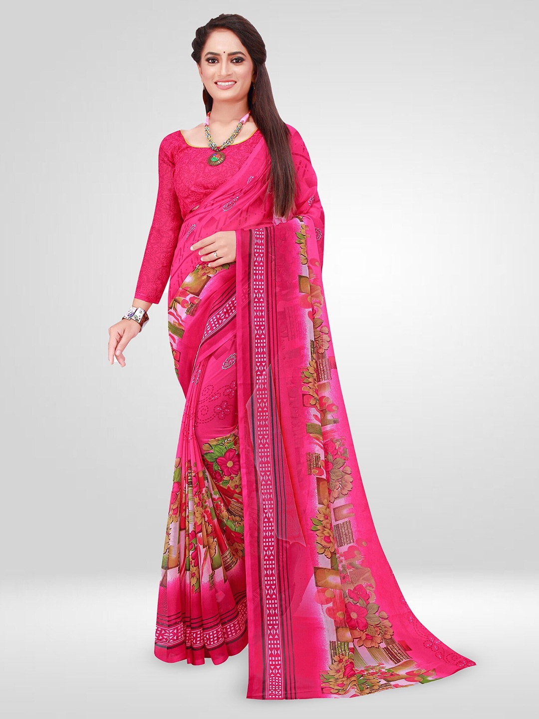 

N N ENTERPRISE Floral Printed Pure Georgette Saree, Pink