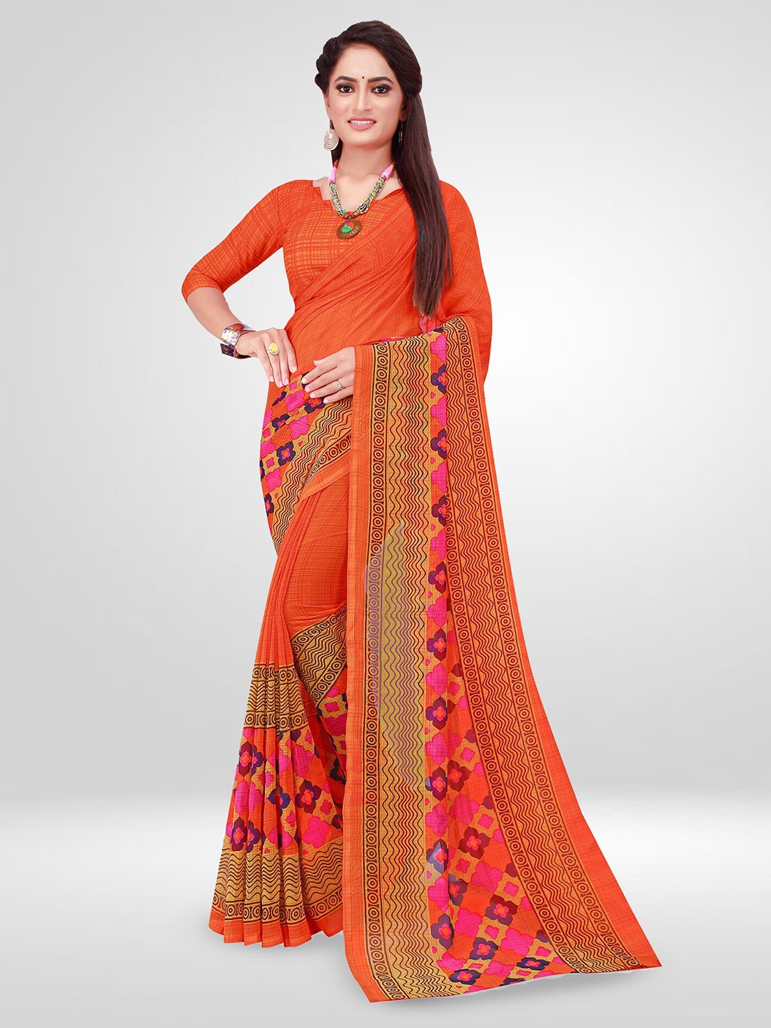 

N N ENTERPRISE Floral Printed Pure Georgette Saree, Orange