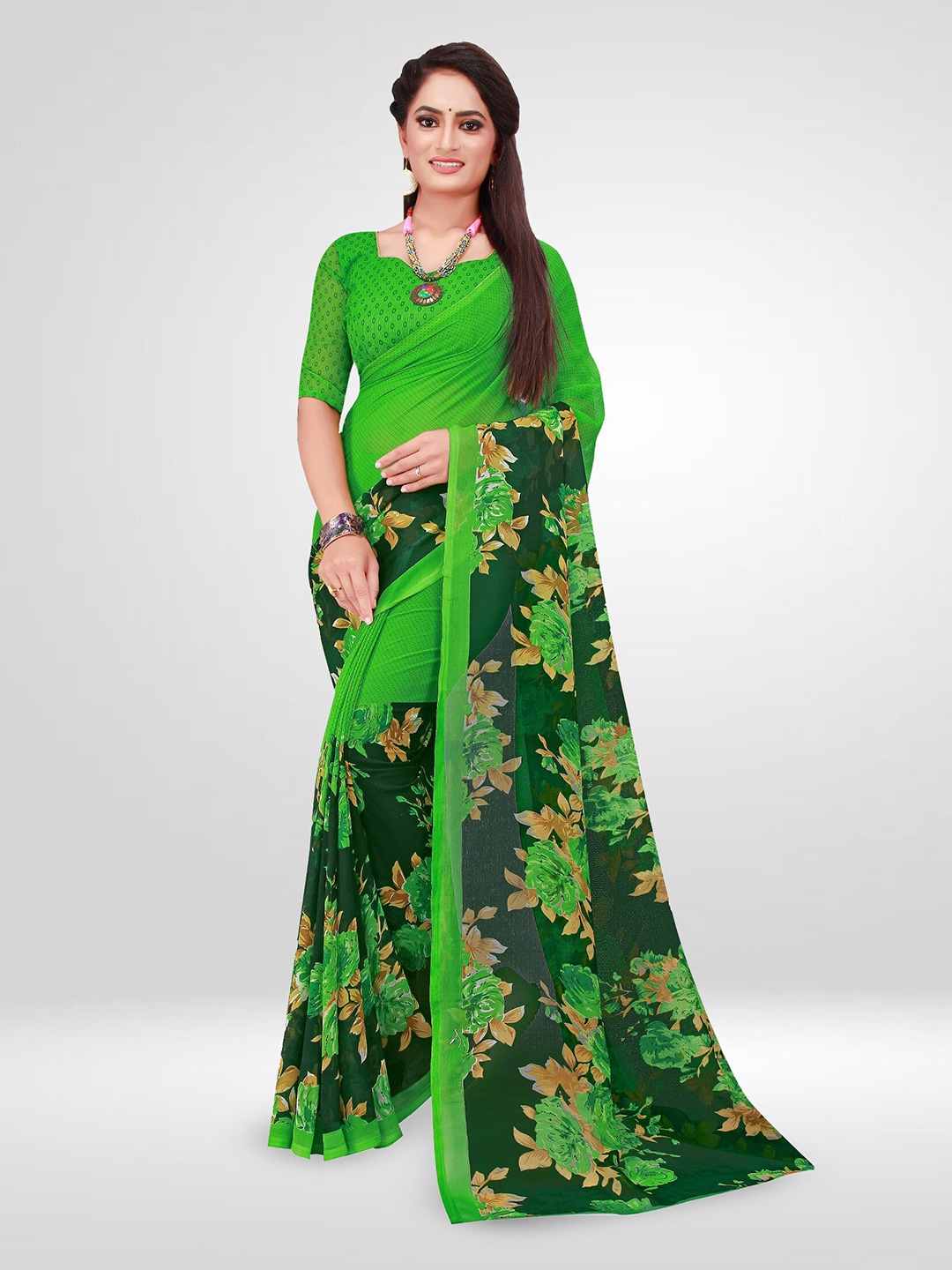 

N N ENTERPRISE Floral Printed Pure Georgette Saree, Green