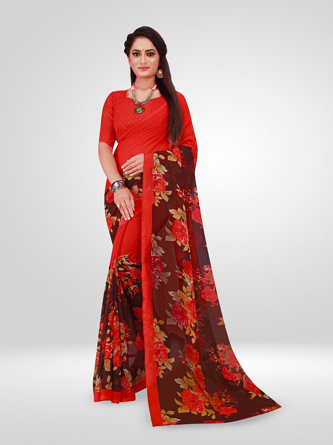 

N N ENTERPRISE Floral Printed Ikat Saree, Red