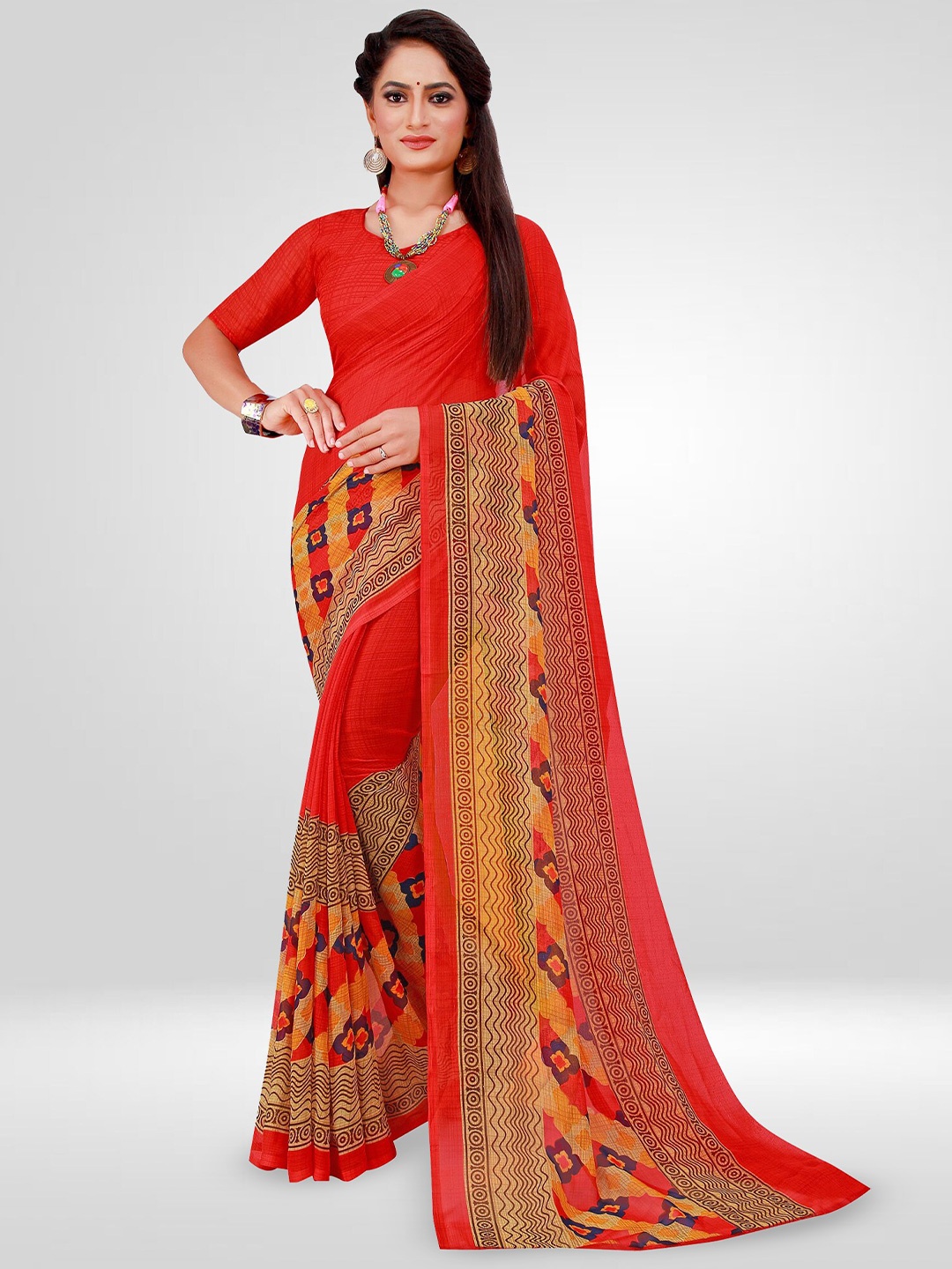 

N N ENTERPRISE Floral Printed Pure Georgette Saree, Red