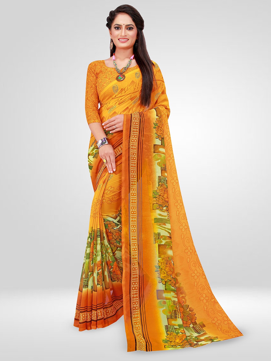 

N N ENTERPRISE Floral Printed Georgette Ikat Saree, Yellow