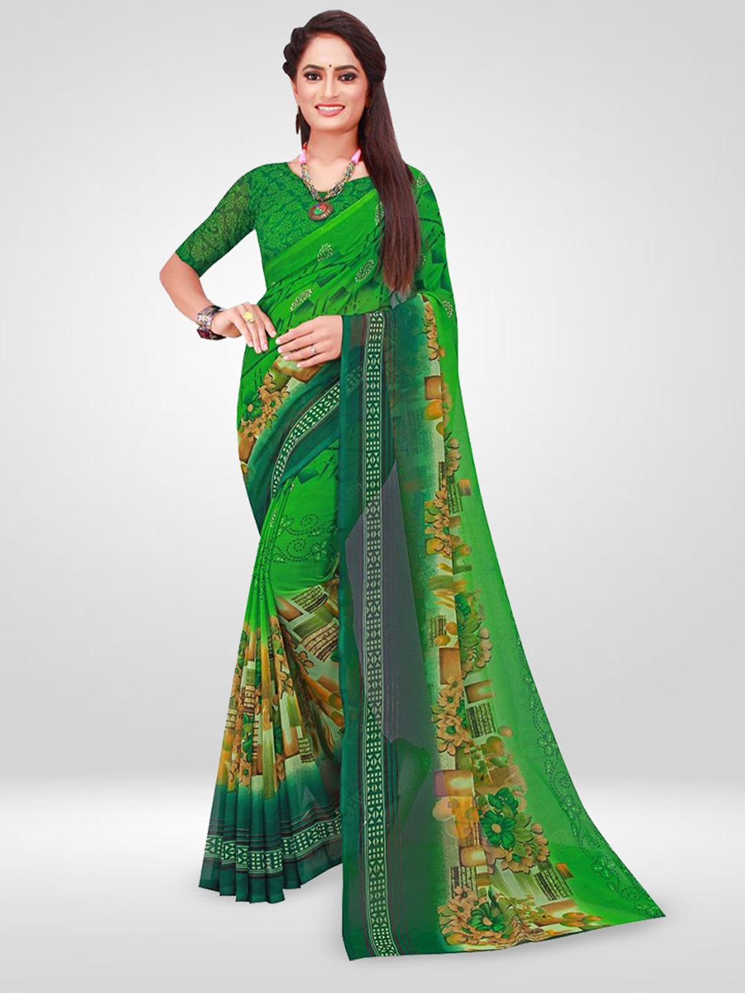 

N N ENTERPRISE Floral Printed Pure Georgette Saree, Green