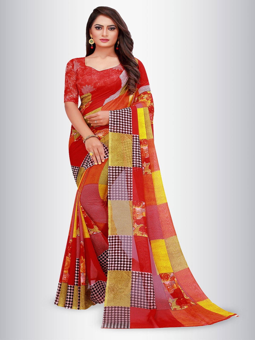 

N N ENTERPRISE Floral Printed Ikat Saree, Red