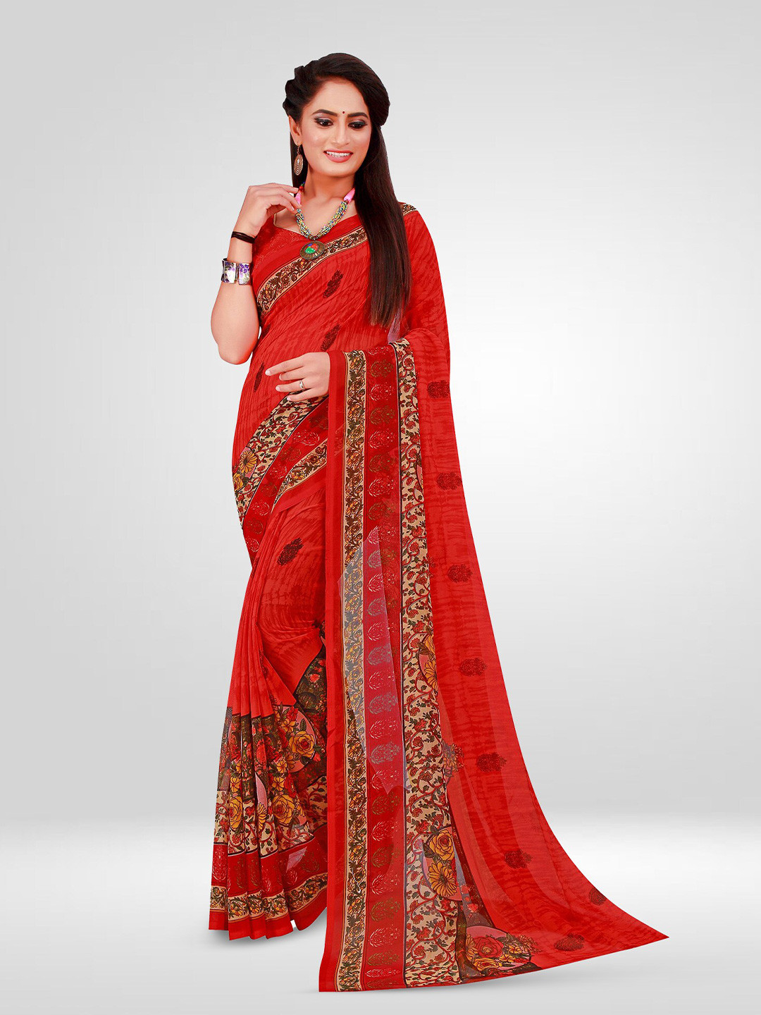 

N N ENTERPRISE Floral Printed Pure Georgette Saree, Red