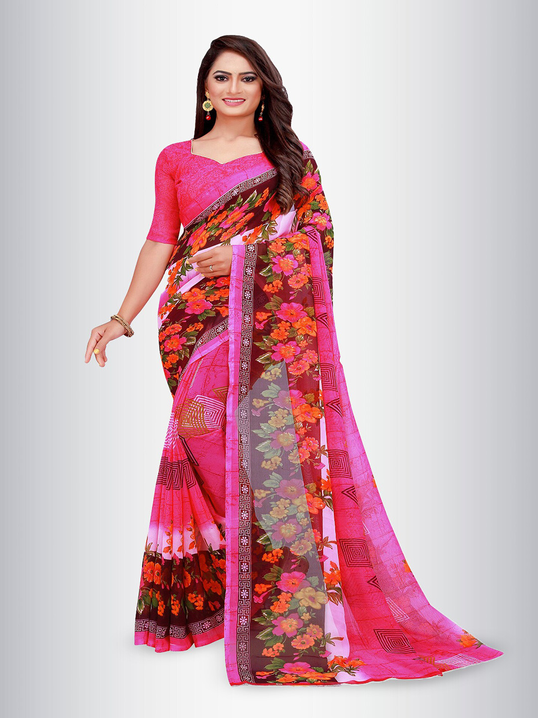 

N N ENTERPRISE Floral Printed Ikat Saree, Pink