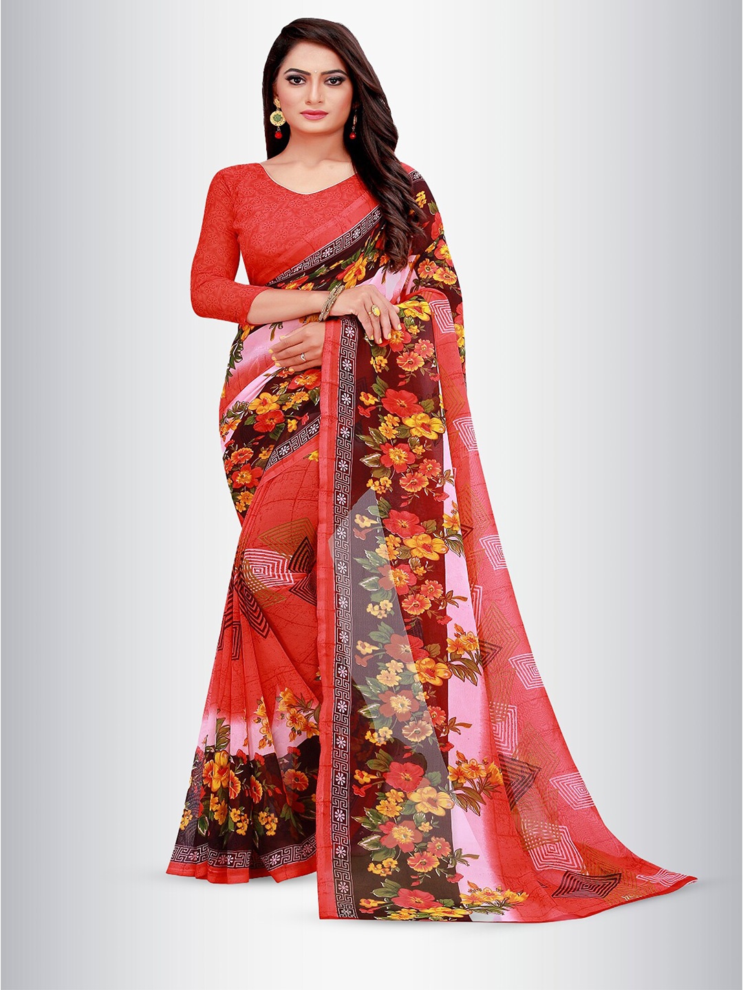 

N N ENTERPRISE Floral Printed Pure Georgette Saree, Red