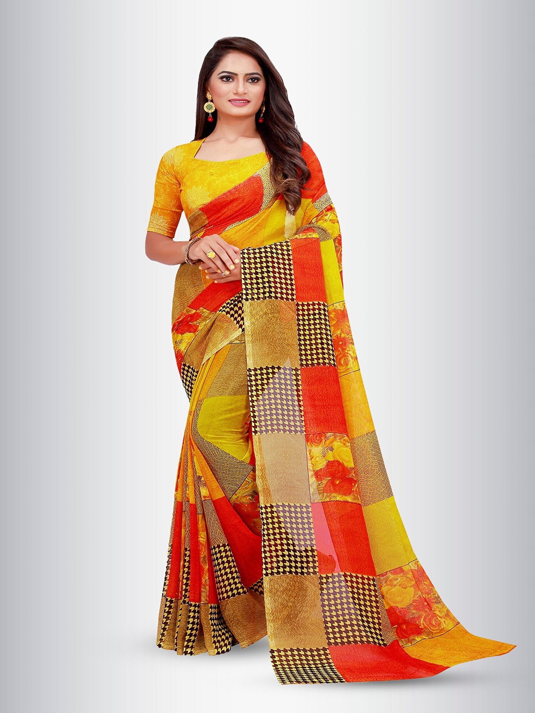 

N N ENTERPRISE Floral Printed Pure Georgette Saree, Orange