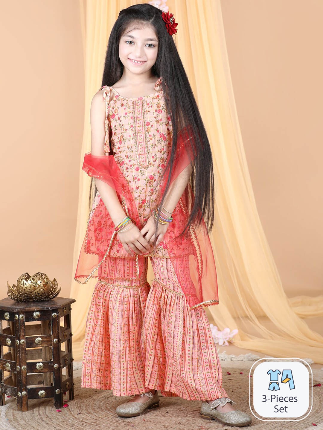 

Cutiekins Girls Floral Printed Regular Gotta Patti Straight Kurta & Sharara With Dupatta, Peach