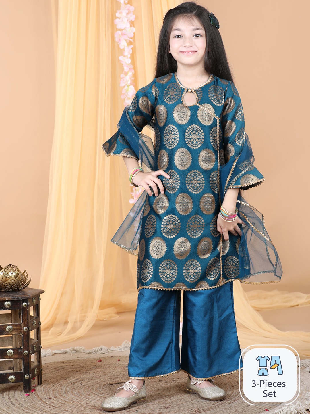 

Cutiekins Girls Ethnic Motifs Woven Design A-Line Kurta & Palazzos With Dupatta, Teal
