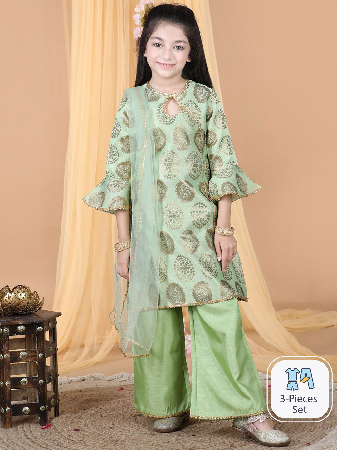 

Cutiekins Girls Ethnic Motifs Woven Design A-Line Kurta & Palazzos With Dupatta, Green
