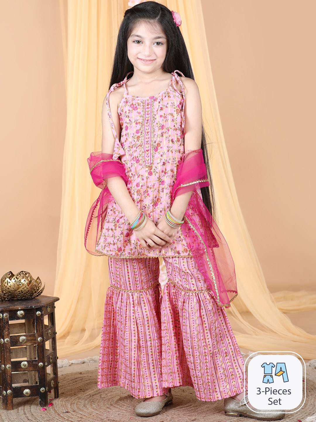 

Cutiekins Girls Floral Printed Regular Gotta Patti Straight Kurta & Sharara With Dupatta, Pink