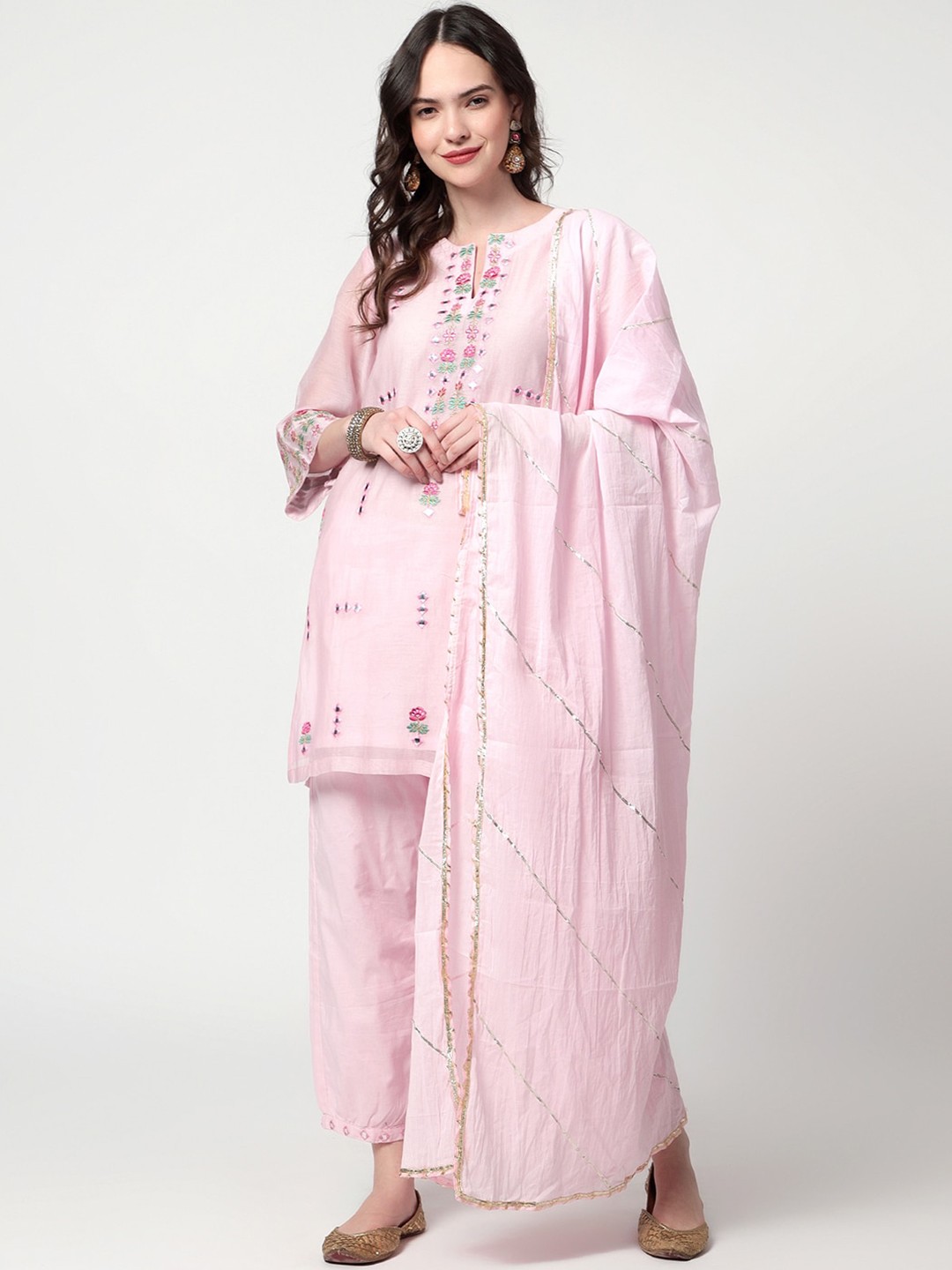 

Spring Soul Floral Embroidered Gotta Patti & Mirror Work Kurti & Trousers With Dupatta, Pink