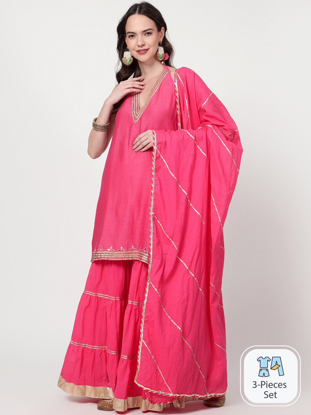 

Spring Soul Halter Neck Gotta Patti & Mirror Work Kurti & Sharara With Dupatta, Pink