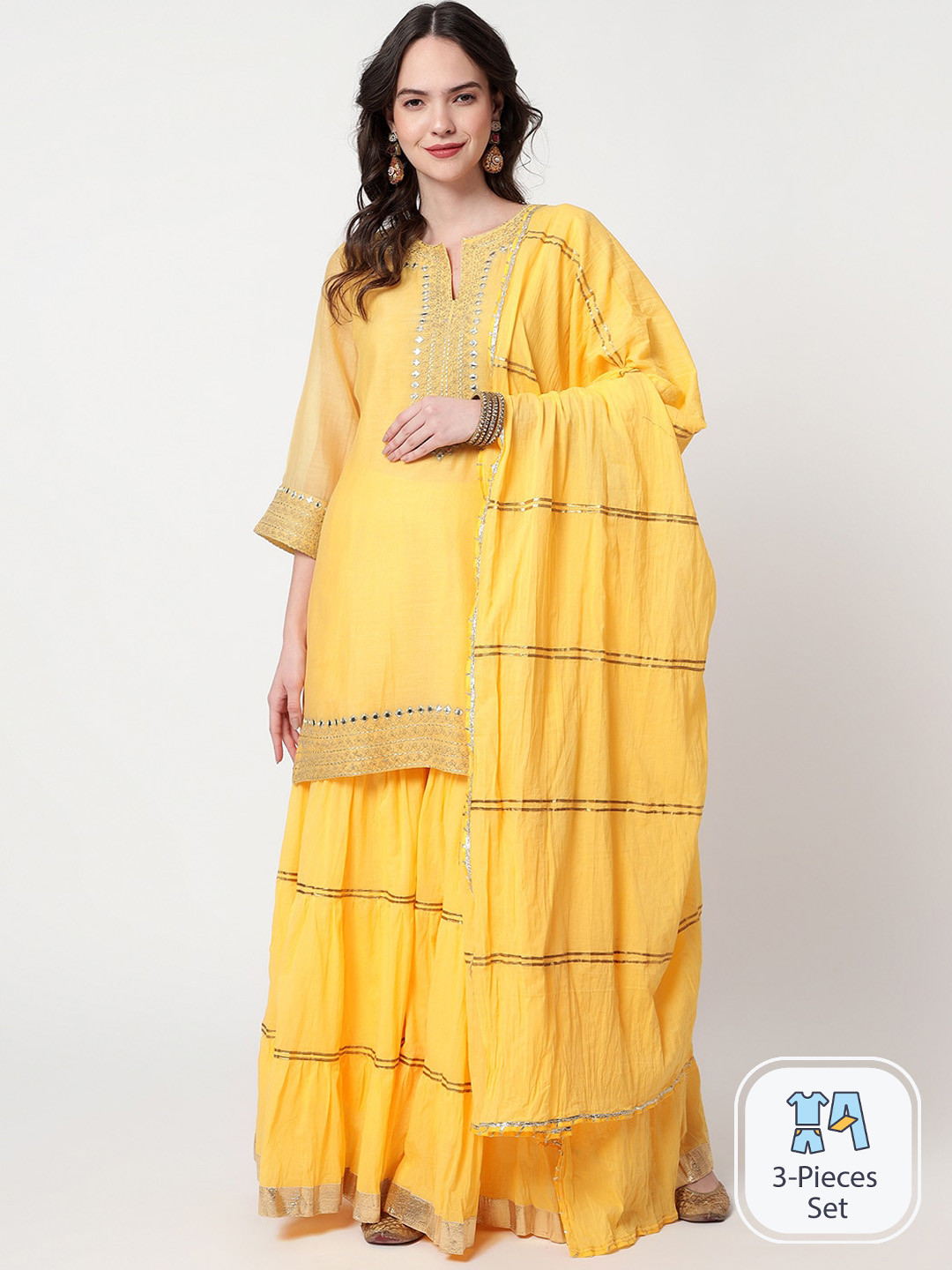 

Spring Soul Ethnic Motifs Embroidered Gotta Patti Kurti & Sharara With Dupatta, Yellow