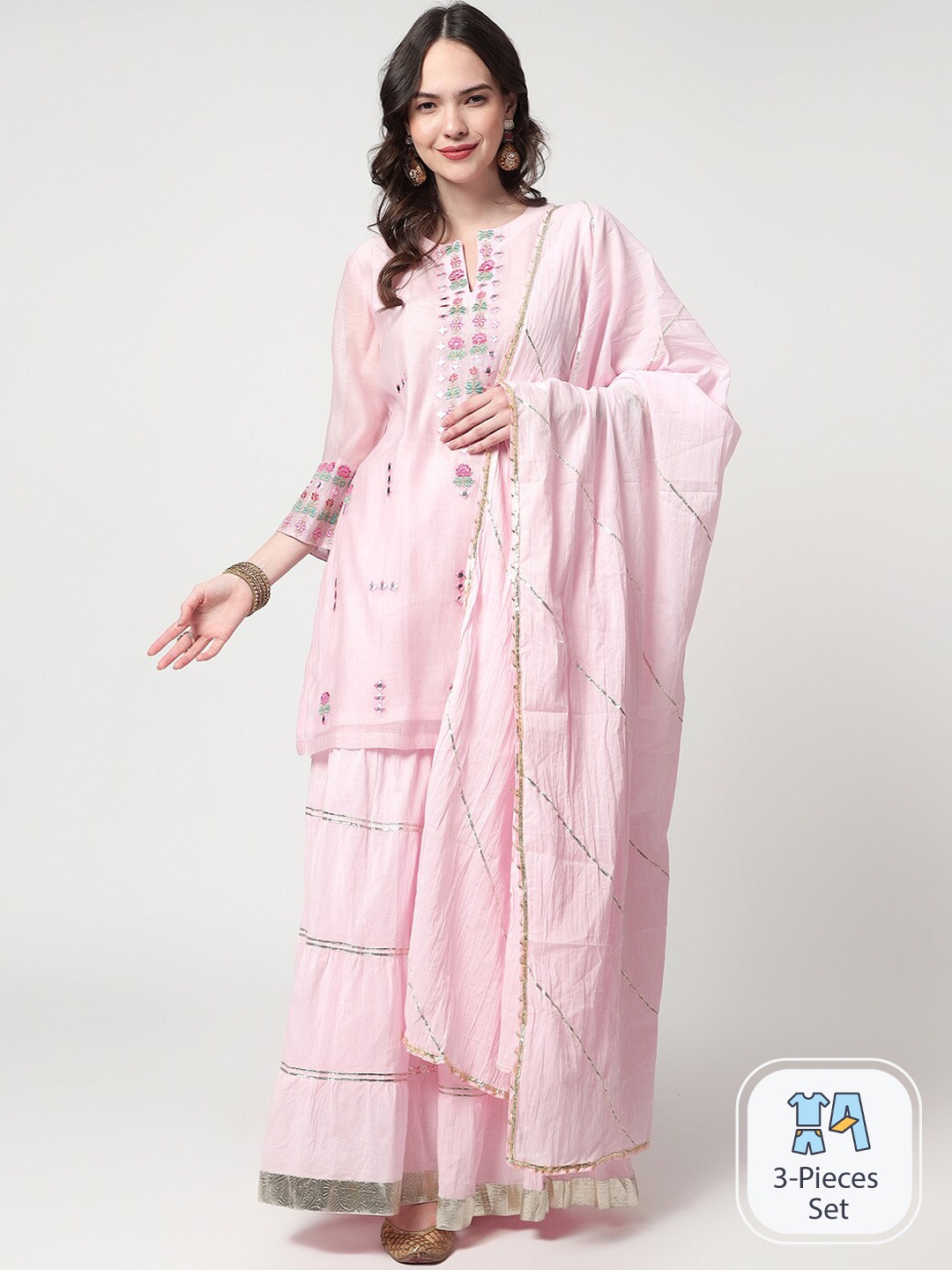 

Spring Soul Floral Embroidered Gotta Patti & Mirror Work Kurti & Sharara With Dupatta, Pink