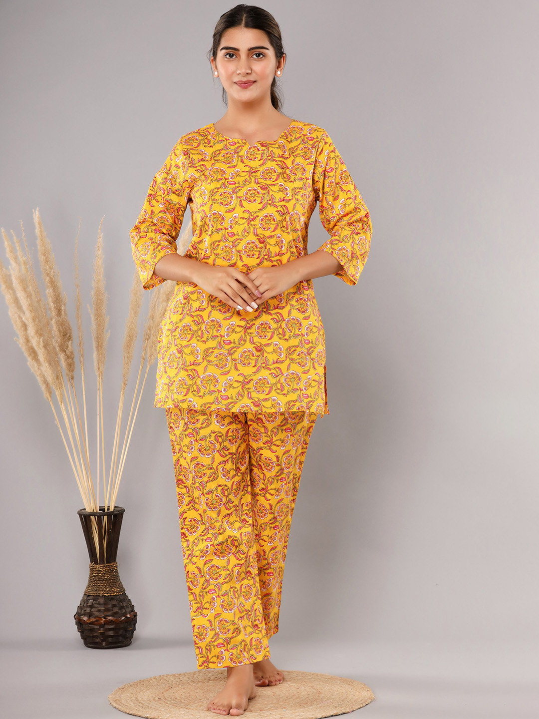 

Krati Creations Women Printed Pure Cotton Kurti & Trousers, Mustard