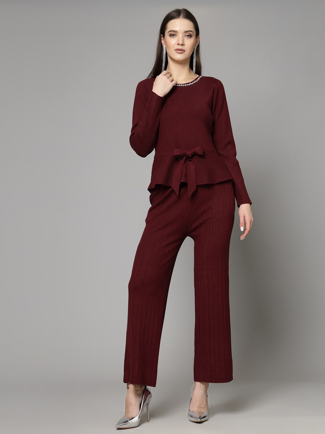 

Mafadeny Embellished Top with Trousers, Burgundy