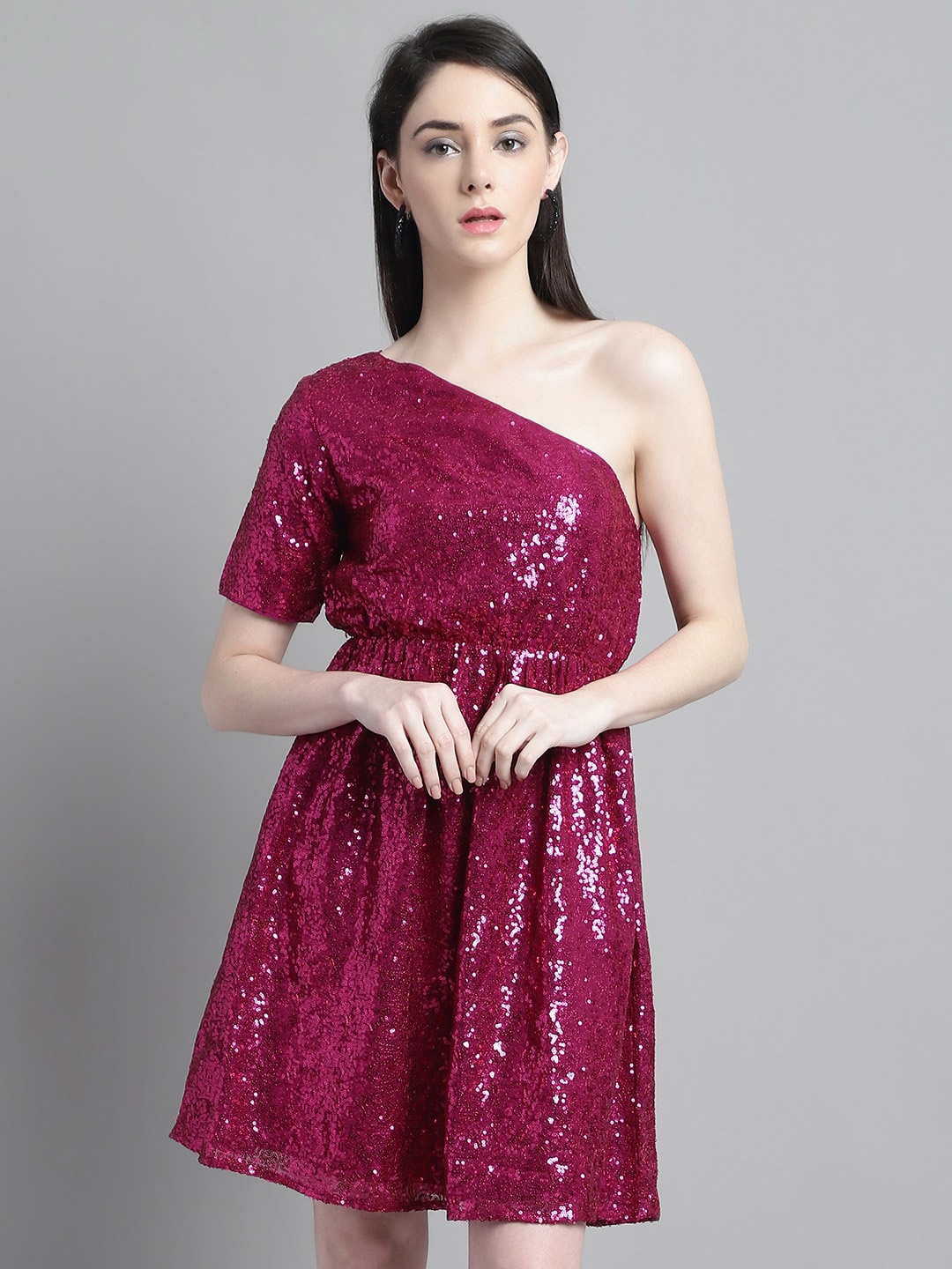 

MARC LOUIS Embellished One-Shoulder Gathered Casual Fit & Flare Dress, Fuchsia