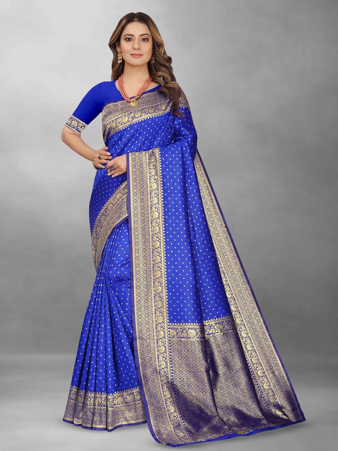 

Hinayat Fashion Polka Dots Woven Design Zari Banarasi Saree, Blue