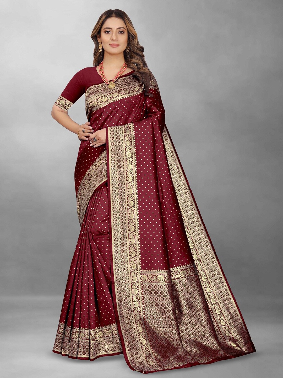 

Hinayat Fashion Polka Dots Woven Design Zari Banarasi Saree, Maroon