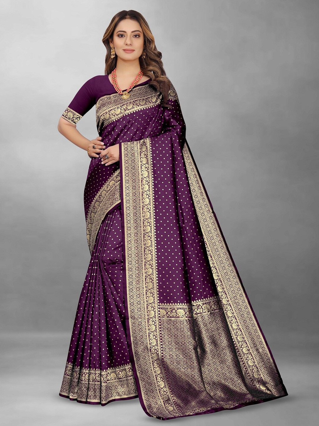 

Hinayat Fashion Polka Dots Woven Design Zari Banarasi Saree, Purple