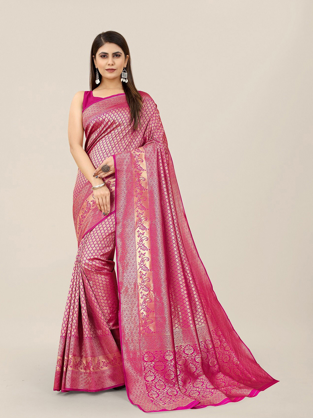 

Hinayat Fashion Ethnic Motifs Woven Design Zari Banarasi Saree, Pink