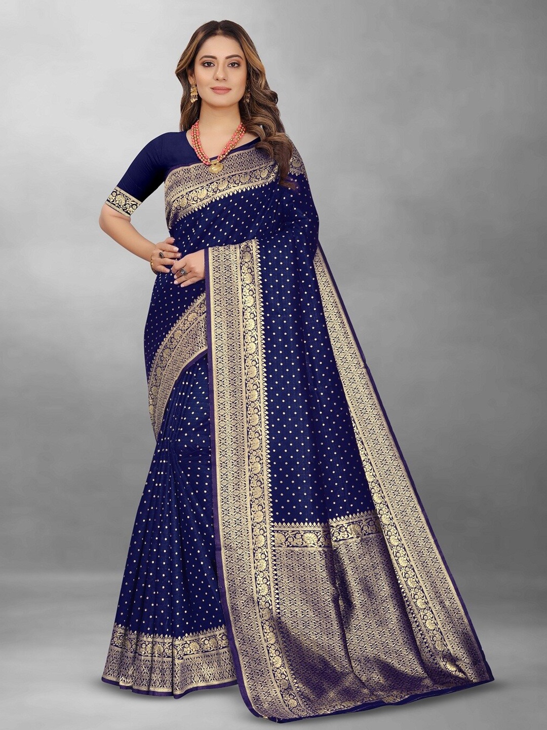 

Hinayat Fashion Polka Dots Woven Design Zari Banarasi Saree, Blue