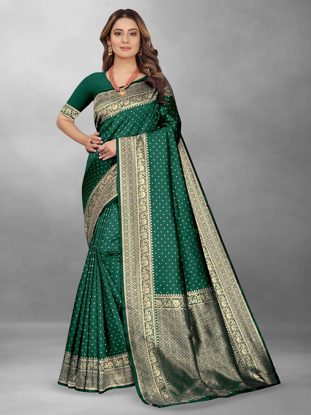 

Hinayat Fashion Polka Dots Woven Design Zari Banarasi Saree, Green