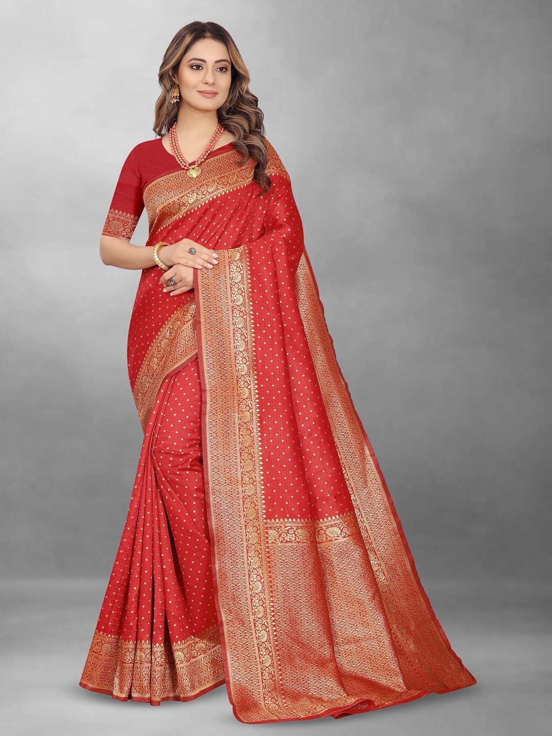 

Hinayat Fashion Polka Dots Woven Design Zari Banarasi Saree, Red