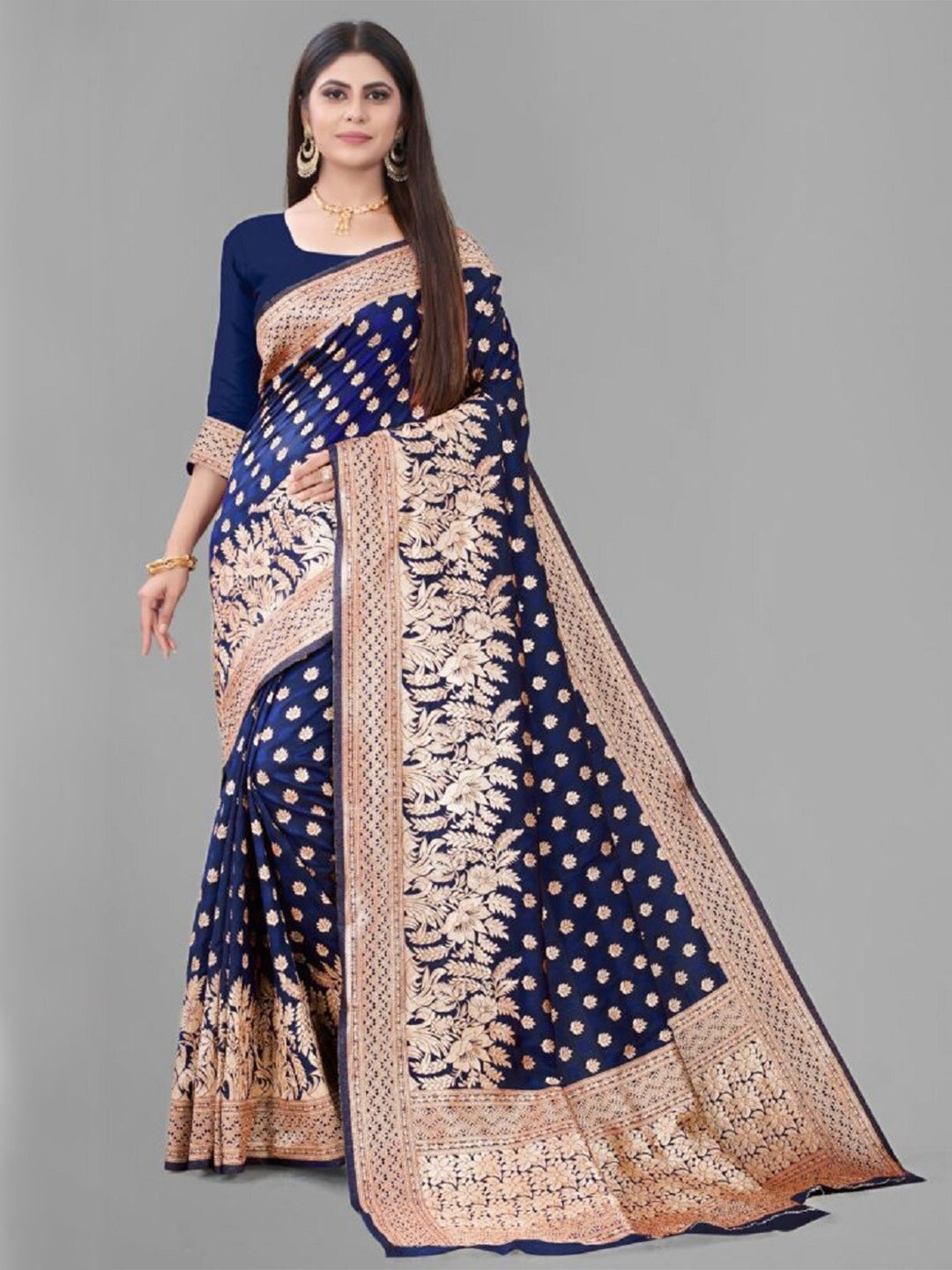 

Hinayat Fashion Ethnic Motifs Woven Design Zari Banarasi Saree, Blue
