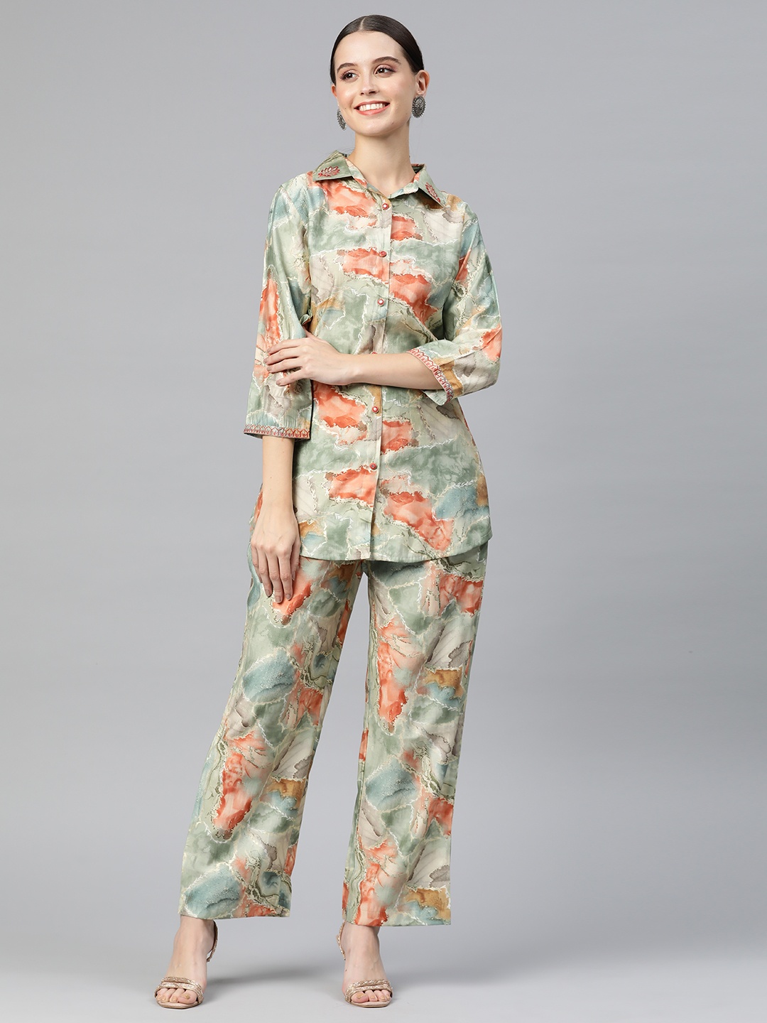 

Readiprint Women Printed Pure Silk Shirt with Palazzos, Green