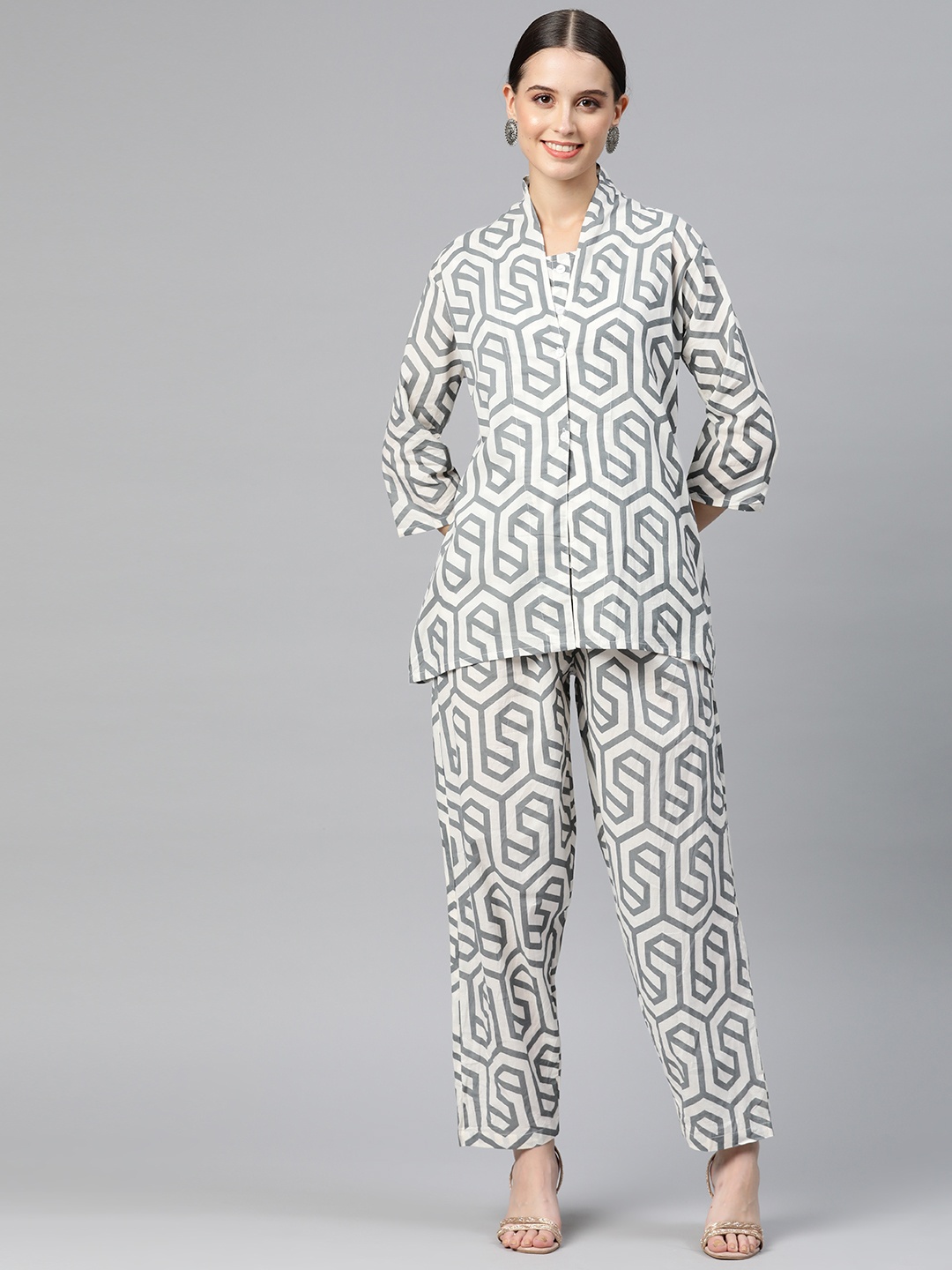 

Readiprint Women Printed Pure Cotton Top with Palazzos & with Shrug, Grey