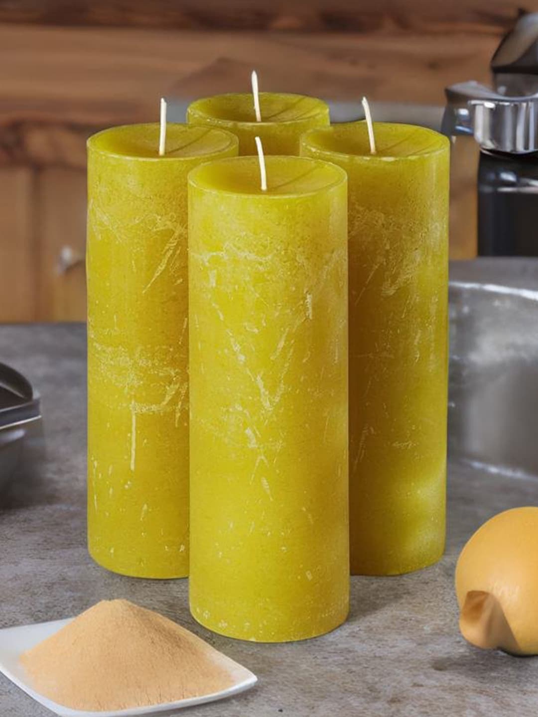 

Aromatic Fables Yellow 4 Pieces Citrus Scented Pillar Candles