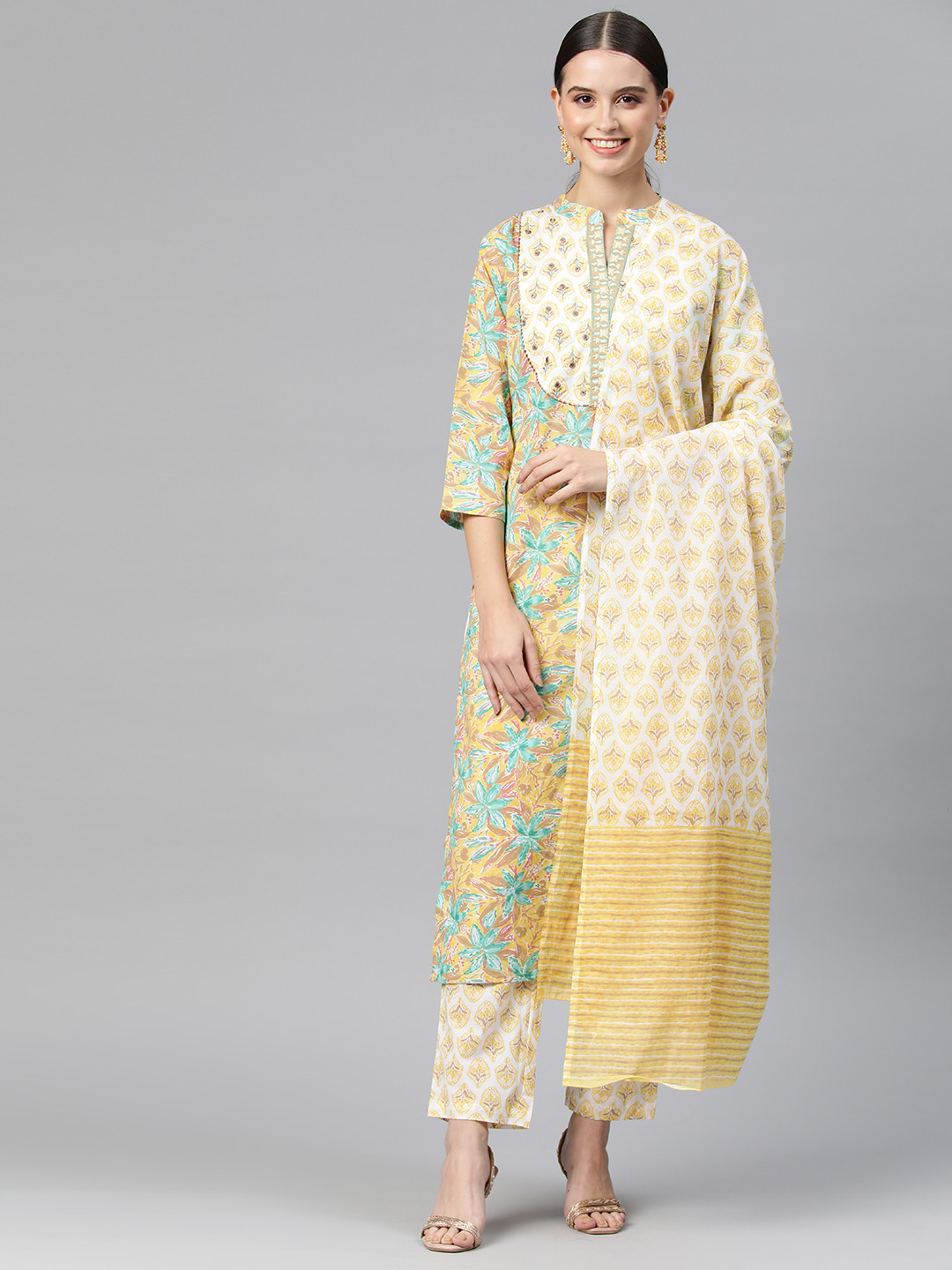 

Readiprint Fashions Women Floral Printed Mirror Work Kurta with Palazzos & With Dupatta, Yellow