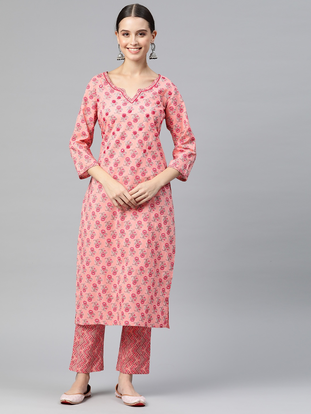

Readiprint Women Floral Printed Mirror Work Pure Cotton Kurta with Palazzos, Peach